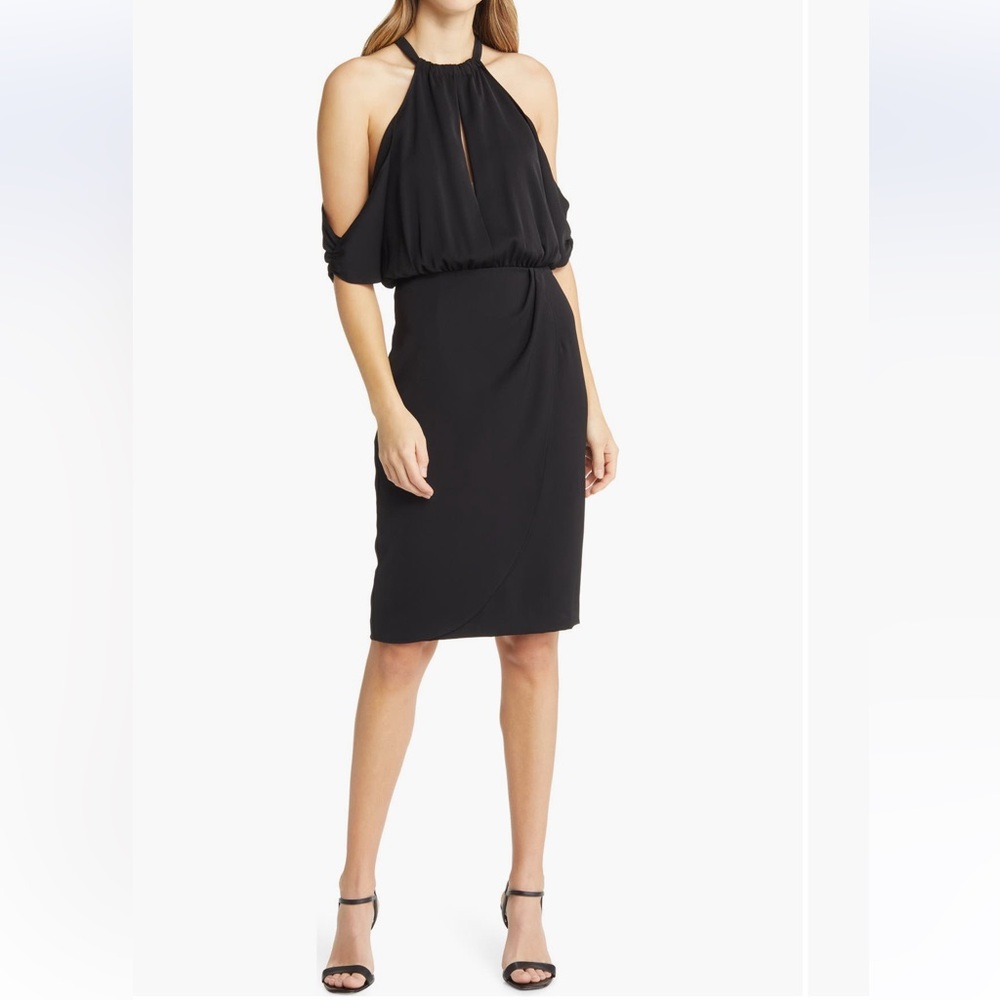 Black Halo Chandler Cold Shoulder Sheath Dress off shoulder halter size 8 NWT‎